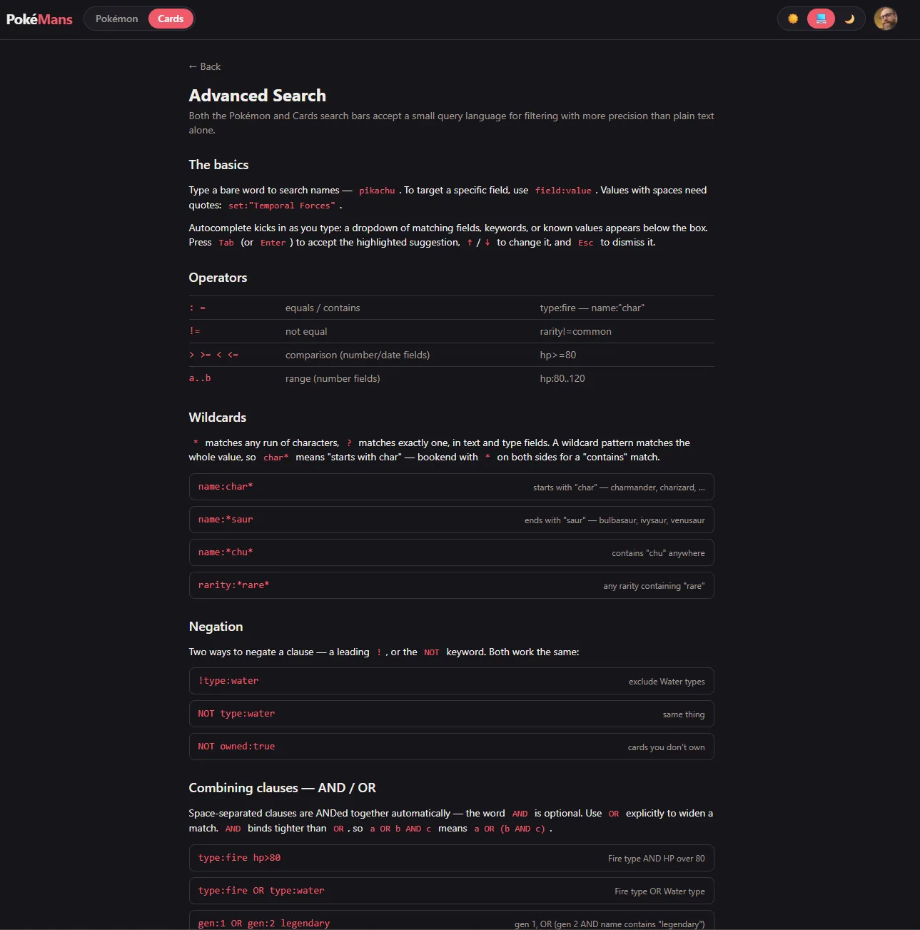 PokéMans screenshot: Advanced search